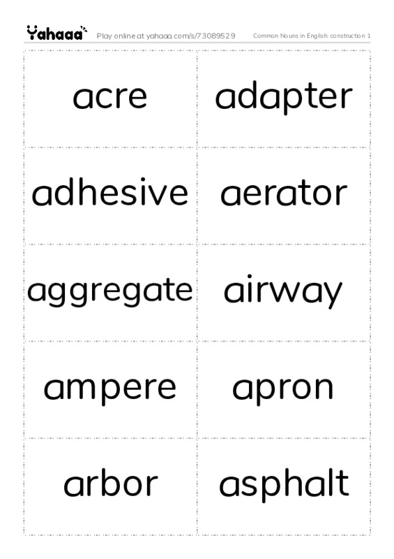 Common Nouns in English: construction 1 PDF two columns flashcards