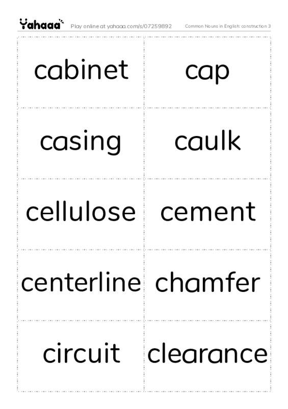 Common Nouns in English: construction 3 PDF two columns flashcards