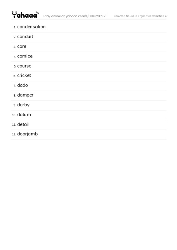 Common Nouns in English: construction 4 PDF words glossary