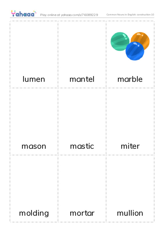 Common Nouns in English: construction 10 PDF flaschards with images