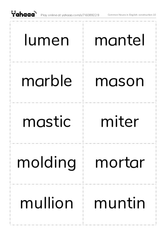 Common Nouns in English: construction 10 PDF two columns flashcards
