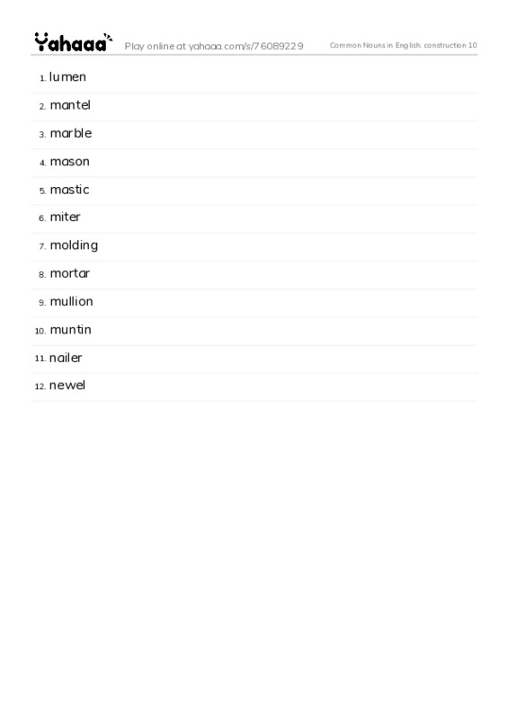 Common Nouns in English: construction 10 PDF words glossary