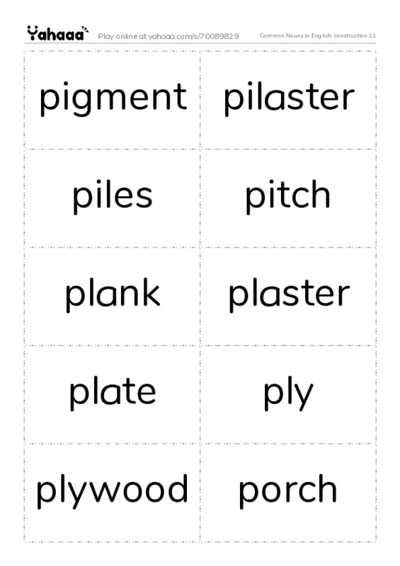 Common Nouns in English: construction 12 PDF two columns flashcards