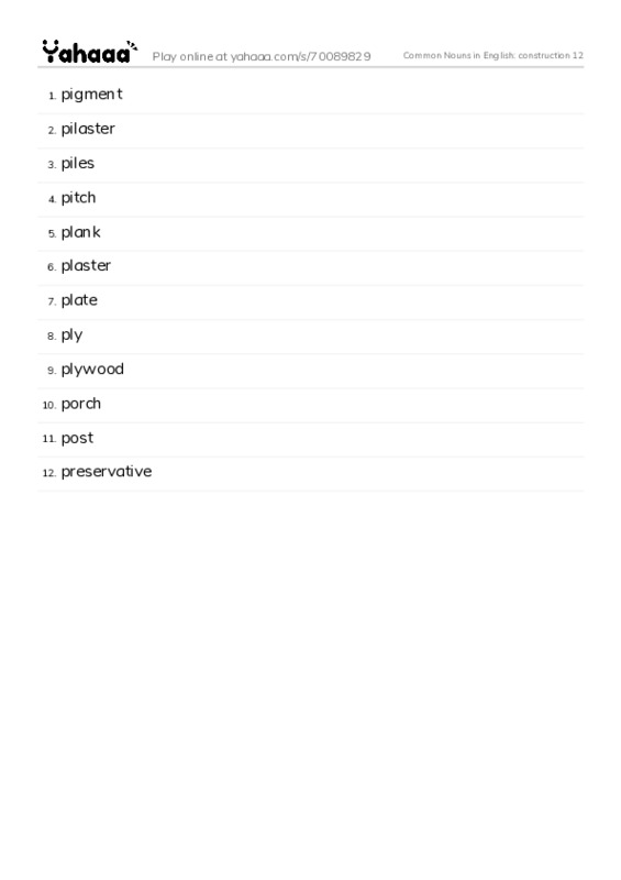 Common Nouns in English: construction 12 PDF words glossary