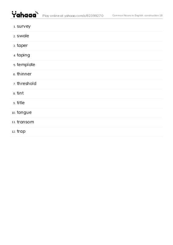 Common Nouns in English: construction 18 PDF words glossary