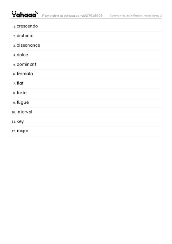 Common Nouns in English: music theory 2 PDF words glossary