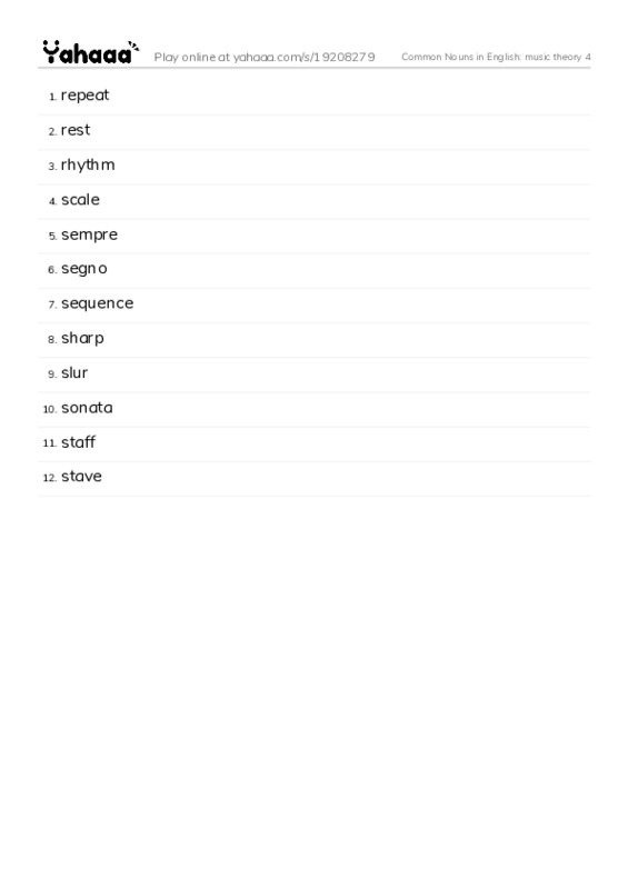 Common Nouns in English: music theory 4 PDF words glossary