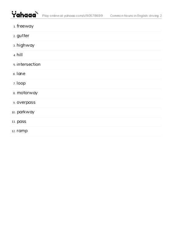 Common Nouns in English: driving 2 PDF words glossary