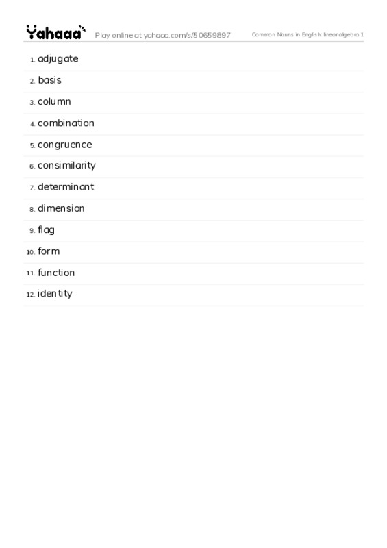 Common Nouns in English: linear algebra 1 PDF words glossary