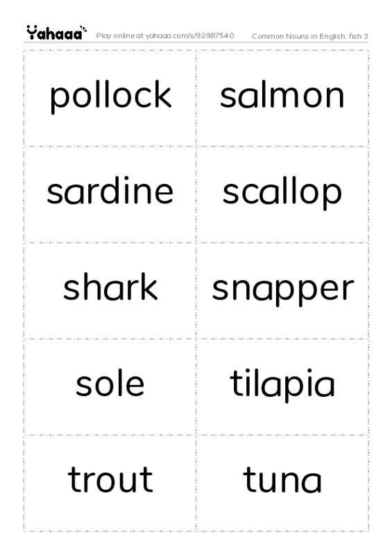 Common Nouns in English: fish 3 PDF two columns flashcards