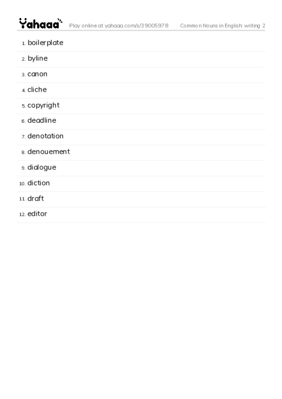 Common Nouns in English: writing 2 PDF words glossary