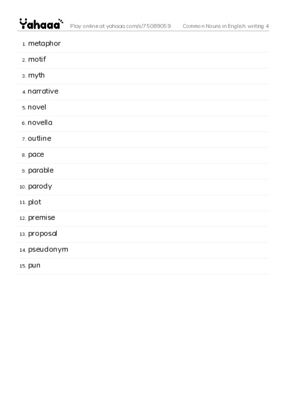 Common Nouns in English: writing 4 PDF words glossary