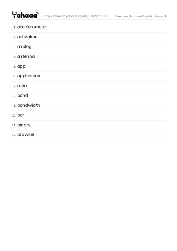 Common Nouns in English: phones 1 PDF words glossary