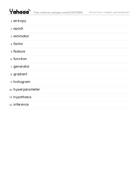 Common Nouns in English: machine learning 3 PDF words glossary