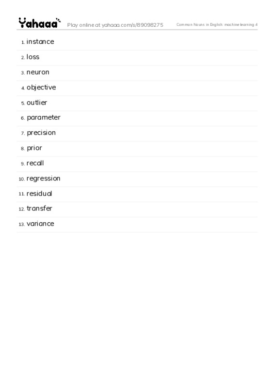 Common Nouns in English: machine learning 4 PDF words glossary