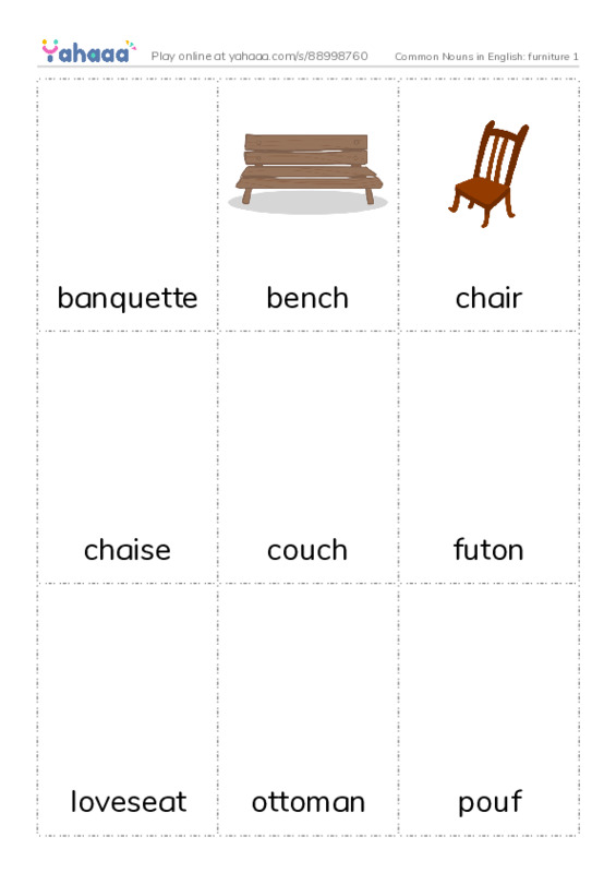 Common Nouns in English: furniture 1 PDF flaschards with images