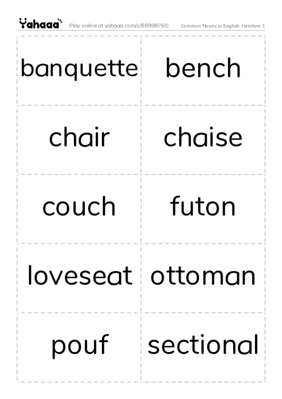 Common Nouns in English: furniture 1 PDF two columns flashcards