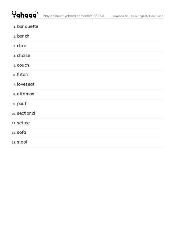 Common Nouns in English: furniture 1 PDF words glossary