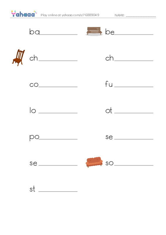 Common Nouns in English: furniture 1 PDF worksheet writing row