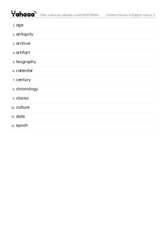 Common Nouns in English: history 1 PDF words glossary