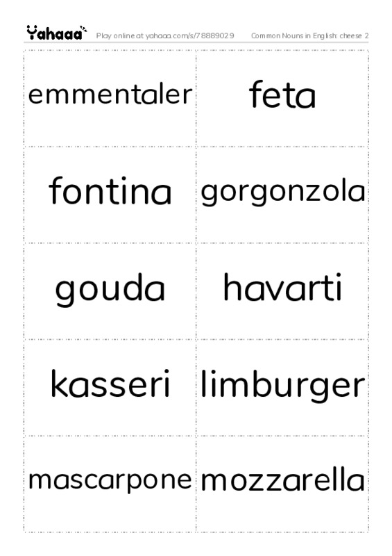 Common Nouns in English: cheese 2 PDF two columns flashcards