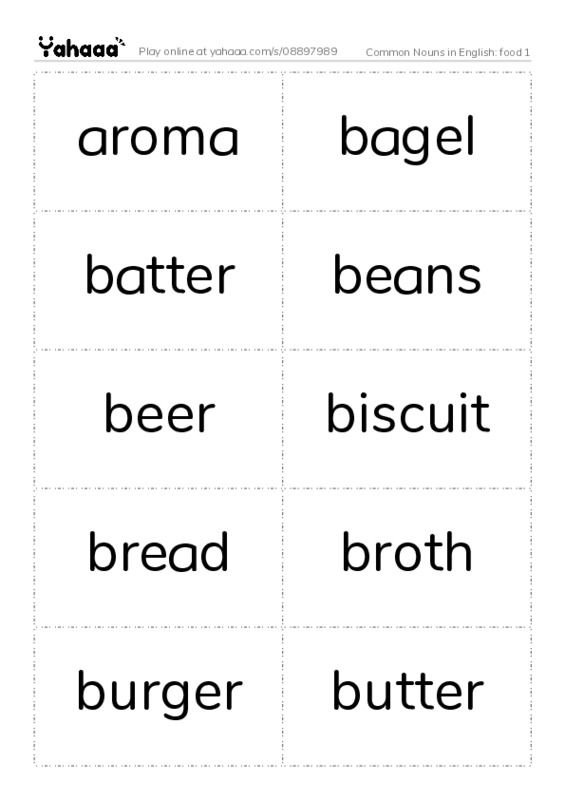 Common Nouns in English: food 1 PDF two columns flashcards
