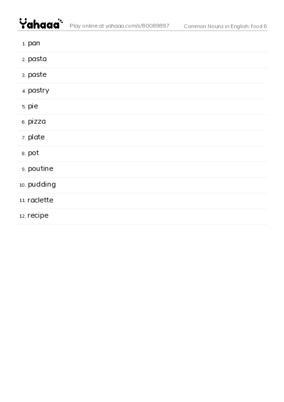 Common Nouns in English: food 6 PDF words glossary