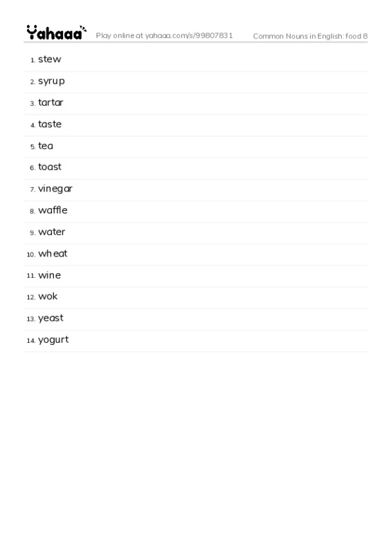 Common Nouns in English: Food  PDF words glossary