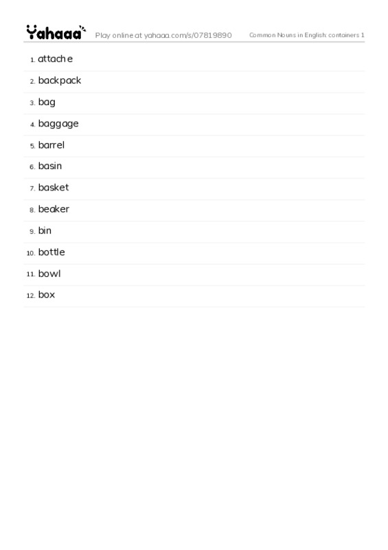 Common Nouns in English: containers 1 PDF words glossary