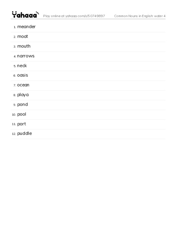 Common Nouns in English: water 4 PDF words glossary