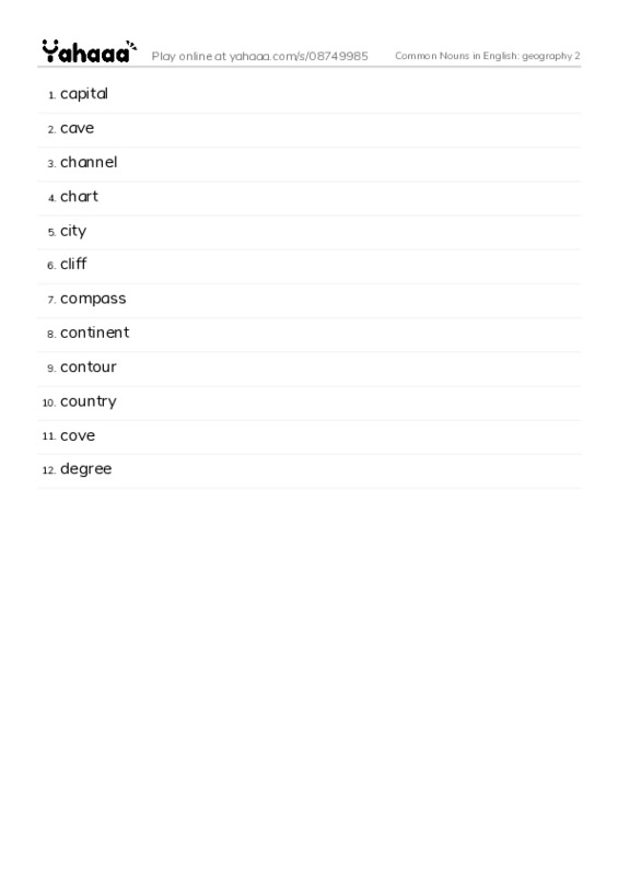 Common Nouns in English: geography 2 PDF words glossary