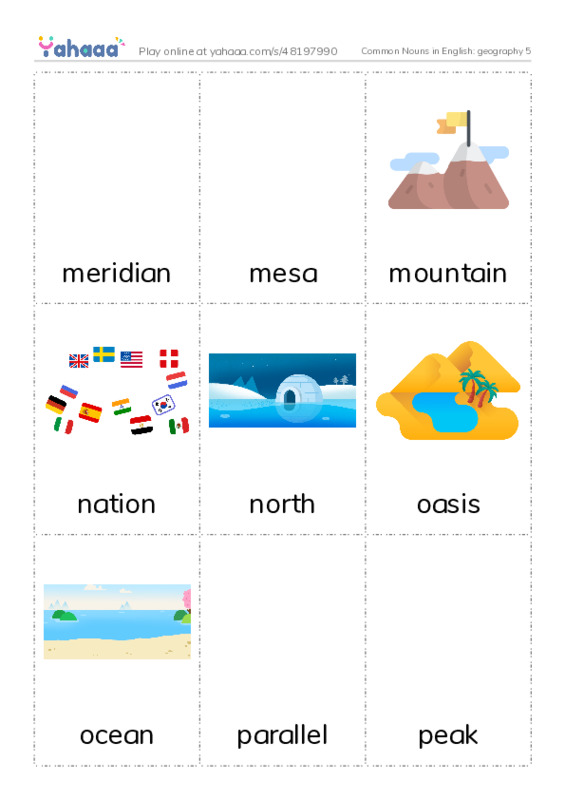 Common Nouns in English: geography 5 PDF flaschards with images