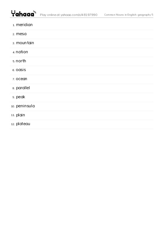 Common Nouns in English: geography 5 PDF words glossary