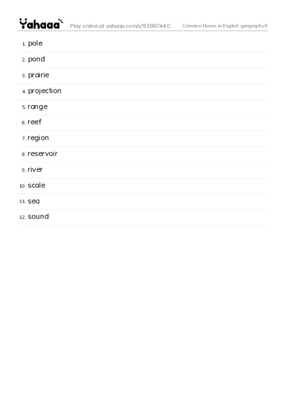 Common Nouns in English: geography 6 PDF words glossary