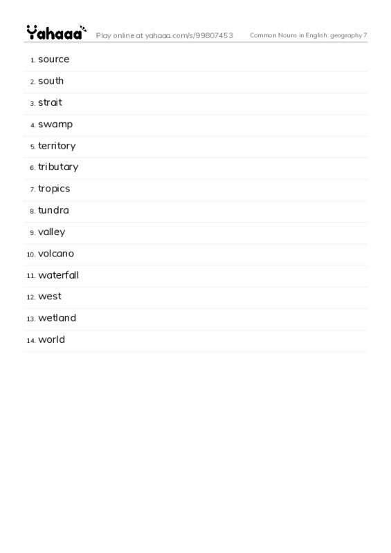 Common Nouns in English: geography 7 PDF words glossary