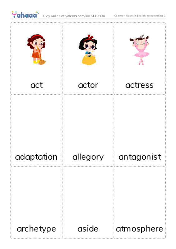 Common Nouns in English: screenwriting 1 PDF flaschards with images