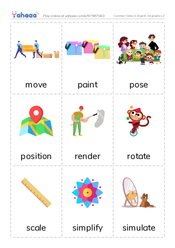 Common Verbs in English: 3d graphics 2 PDF flaschards with images