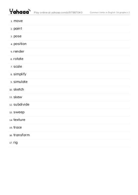 Common Verbs in English: 3d graphics 2 PDF words glossary