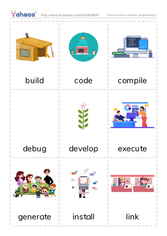 Common Verbs in English: programming 1 PDF flaschards with images