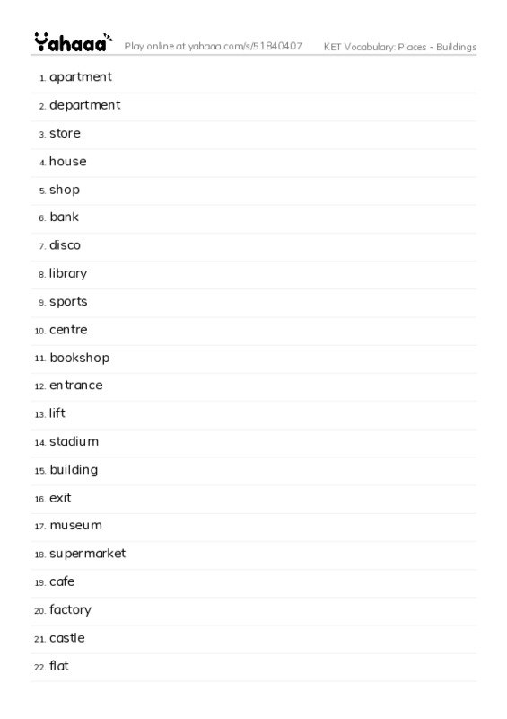 KET Vocabulary: Places - Buildings PDF words glossary