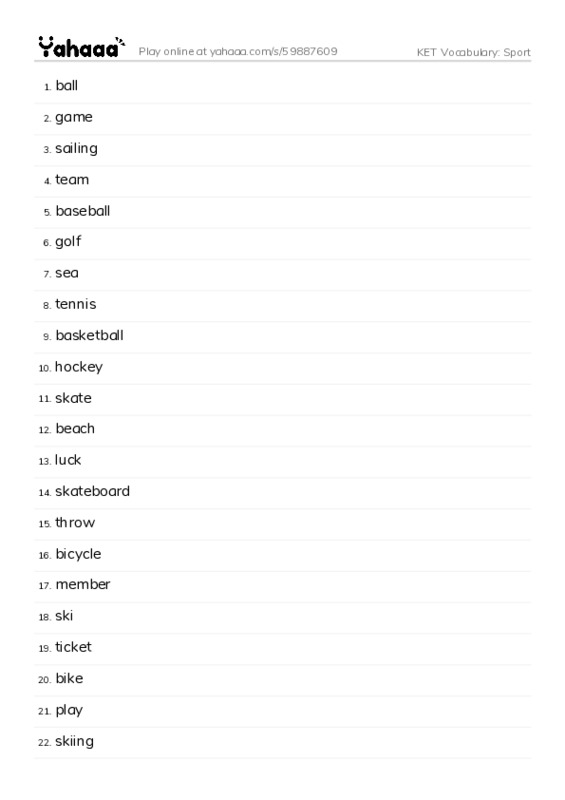 KET Vocabulary: Sport PDF words glossary