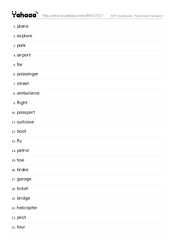 KET Vocabulary: Travel and Transport PDF words glossary