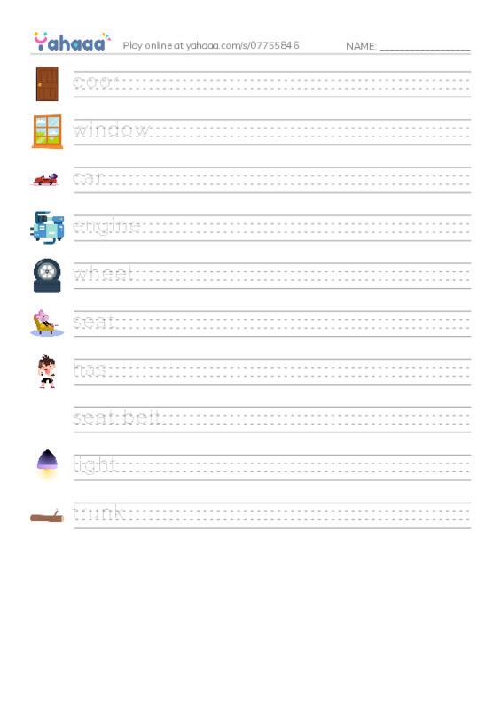 RAZ Vocabulary A: Car Parts PDF write between the lines worksheet