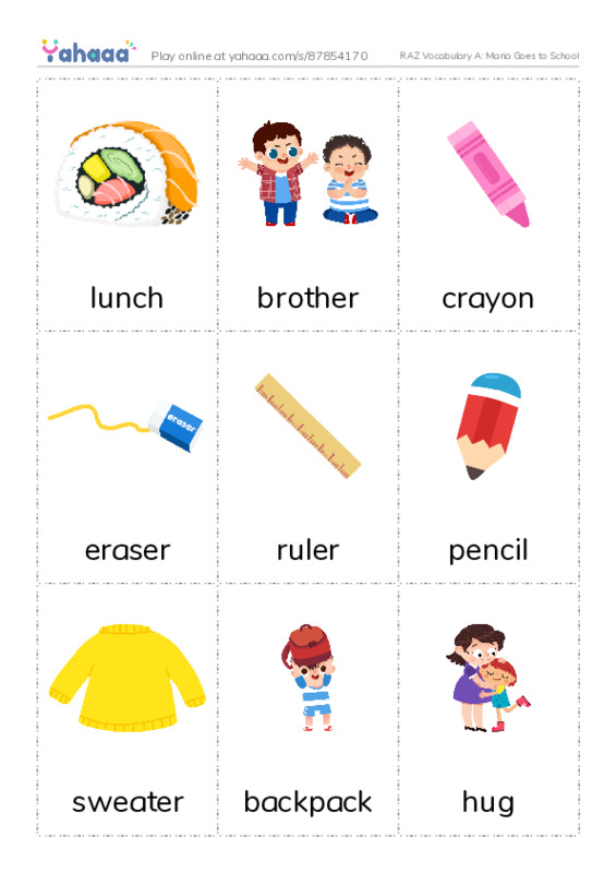 RAZ Vocabulary A: Maria Goes to School PDF flaschards with images
