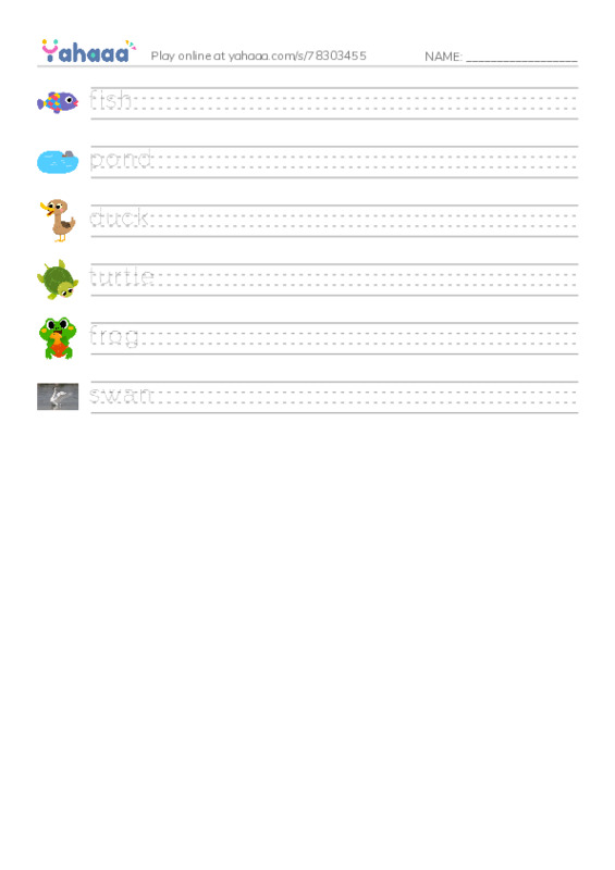 RAZ Vocabulary A: Pond Animals PDF write between the lines worksheet