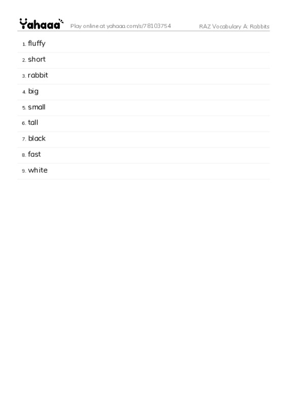 RAZ Vocabulary A: Rabbits PDF words glossary