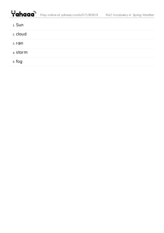 RAZ Vocabulary A: Spring Weather PDF words glossary