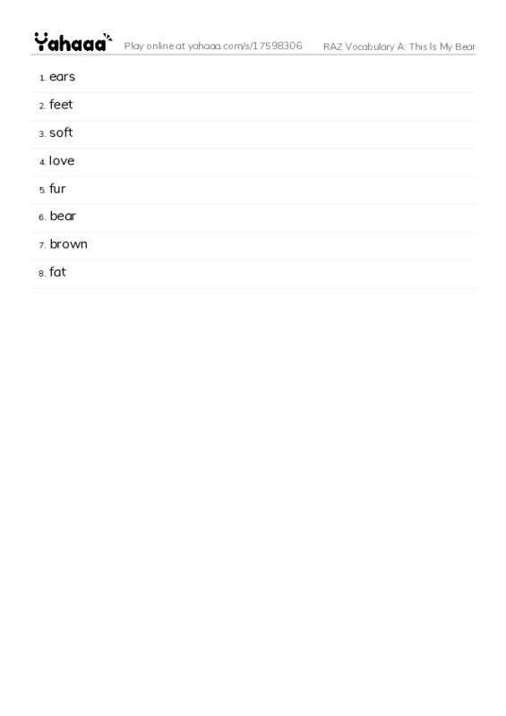 RAZ Vocabulary A: This Is My Bear PDF words glossary