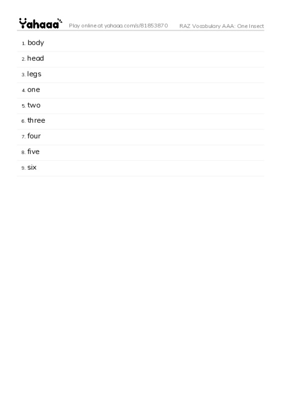 RAZ Vocabulary AAA: One Insect PDF words glossary