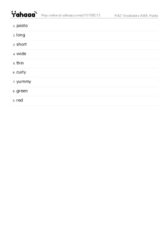 RAZ Vocabulary AAA: Pasta PDF words glossary